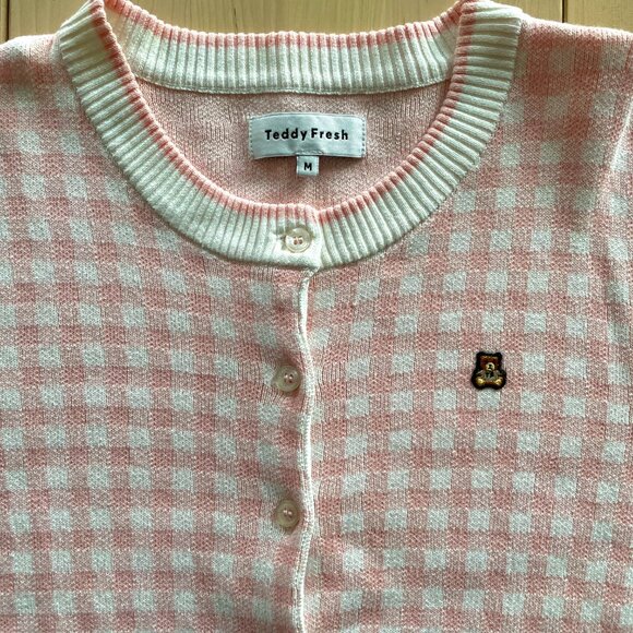 Teddy Fresh Women's Pastel Checkered Colorblock Cardigan size Medium - Picture 2 of 5